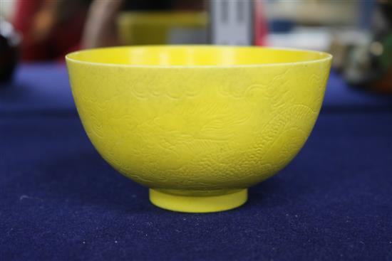A Chinese yellow ground bowl, Guangxu mark and period, restored